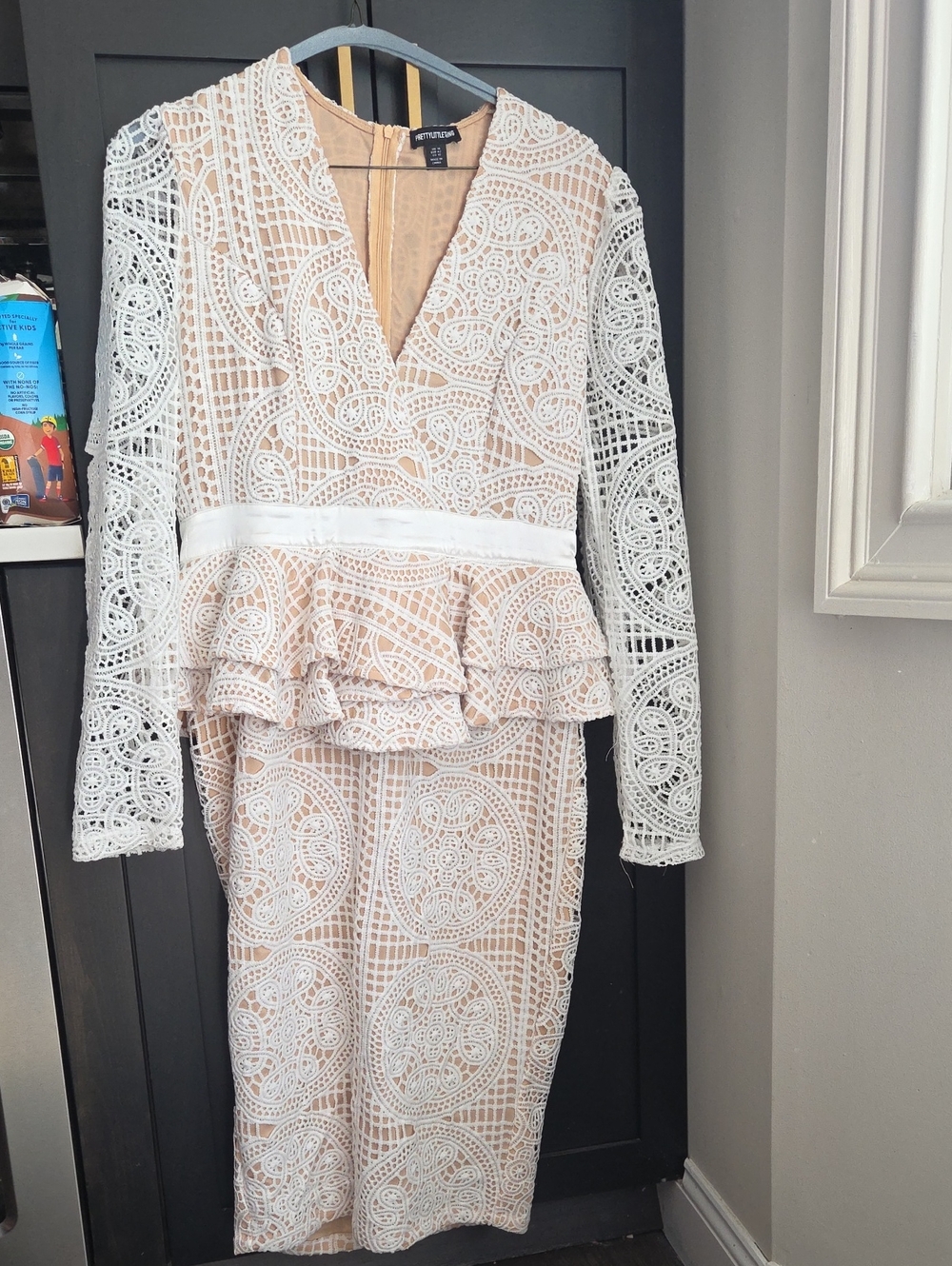 Forever Unique White Lace Peplum Dress with Nude Lining